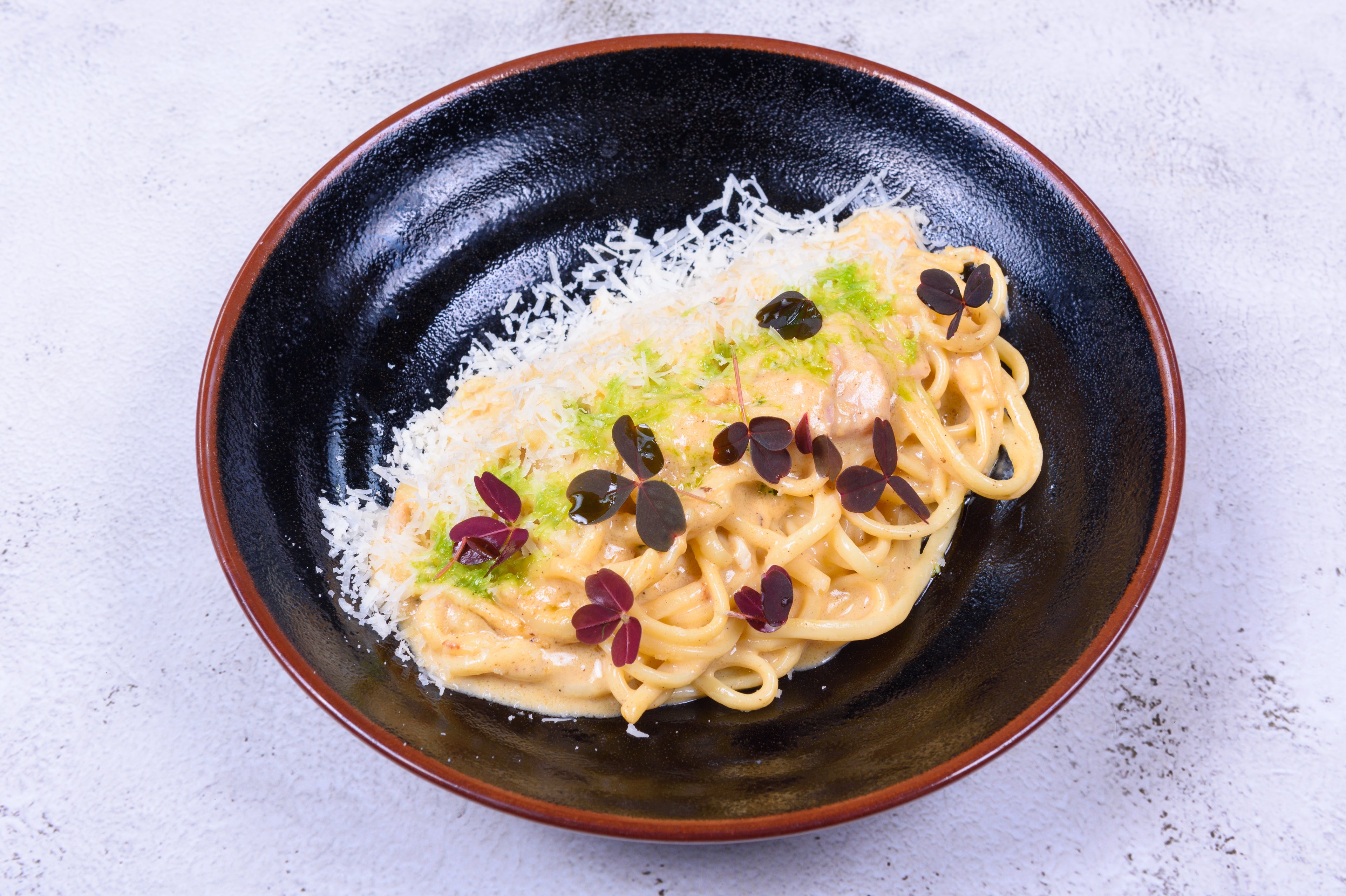 Pasta carbonara with turkey bacon